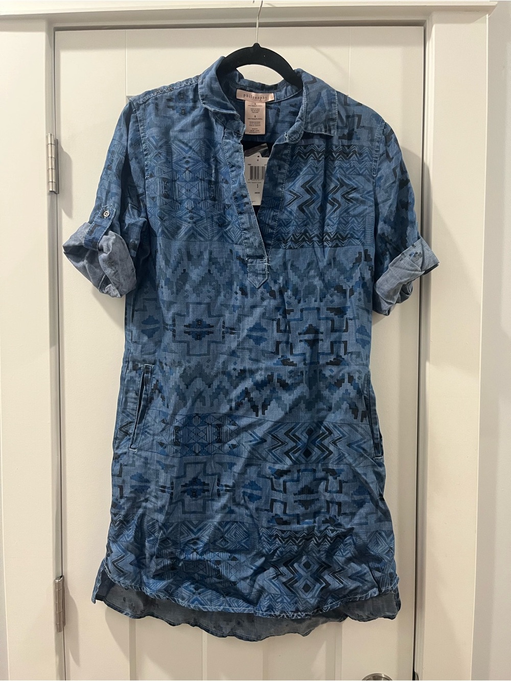 Philosophy Blue & Black Aztec Western Short-Sleeve Denim Tunic Dress Small NWT